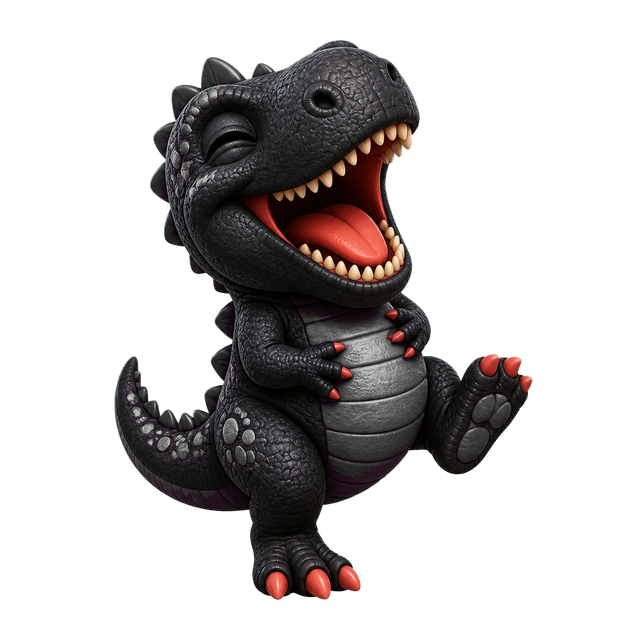 A tiny dinosaur laughing uncontrollably